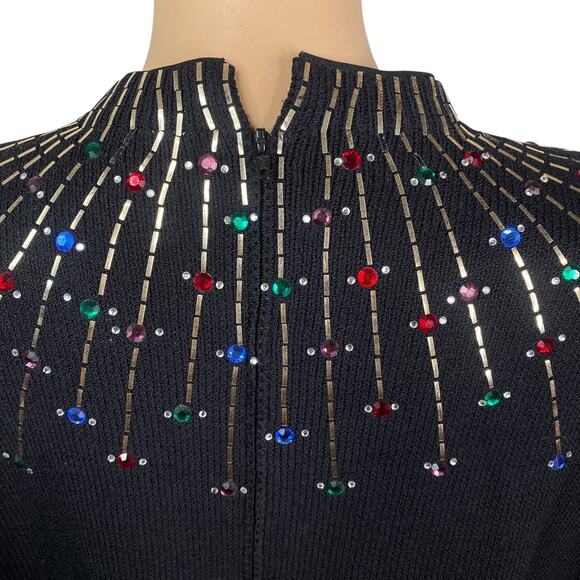 St. John $590 Black Gold Pailette Colorful Rhinestone Starburst Sweater SZ S - Picture 7 of 14